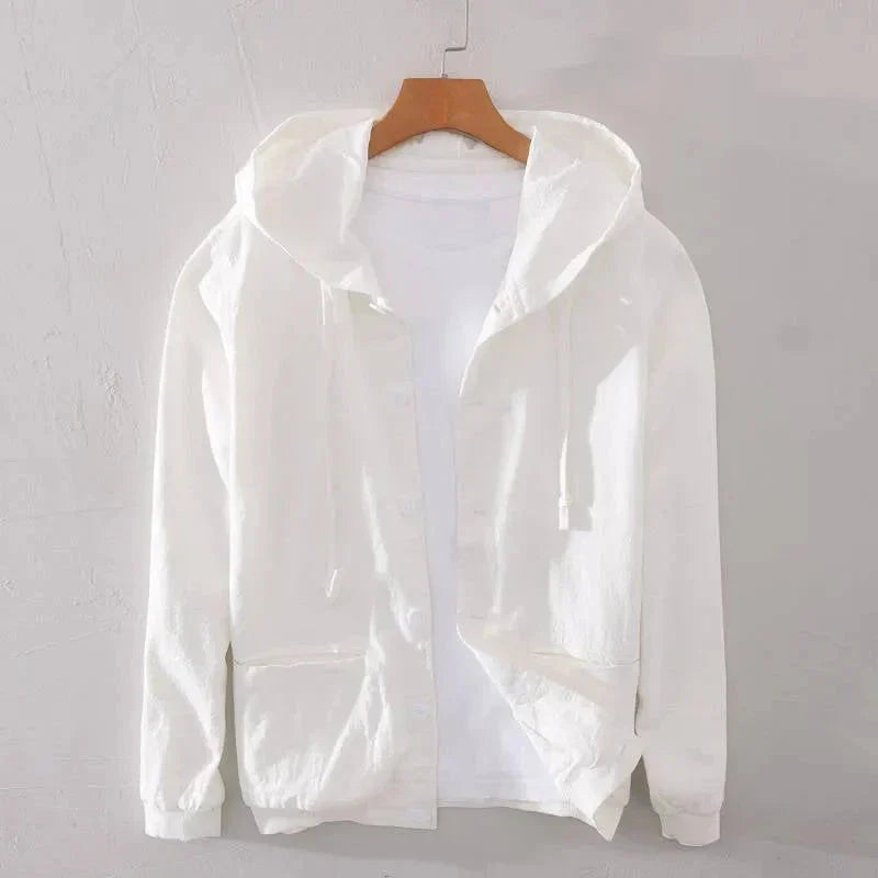 Men's lightweight linen blend button-up hoodie relaxed fit with drawstring hood and front pockets