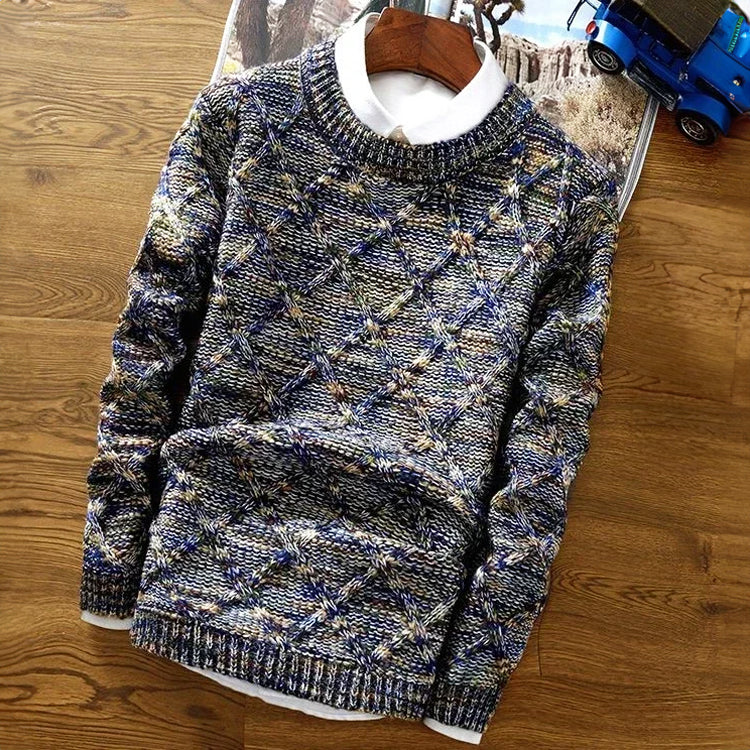 Multicolor geometric knit crewneck pullover in wool blend with vibrant pattern and relaxed fit