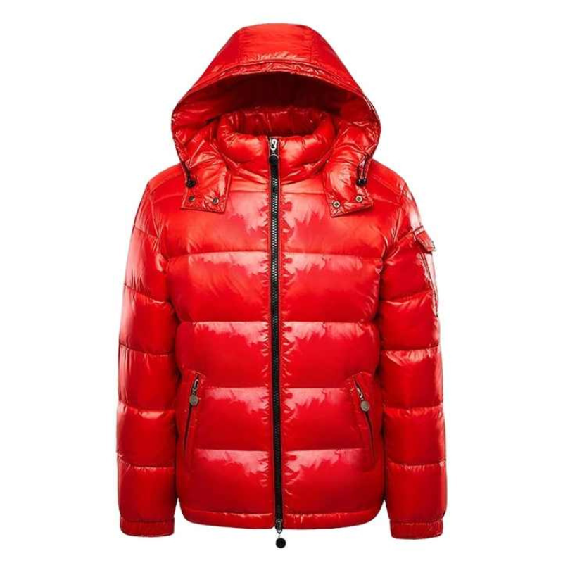 Men's navy quilted puffer jacket with insulated hood and full-zip front, modern slim fit winter coat