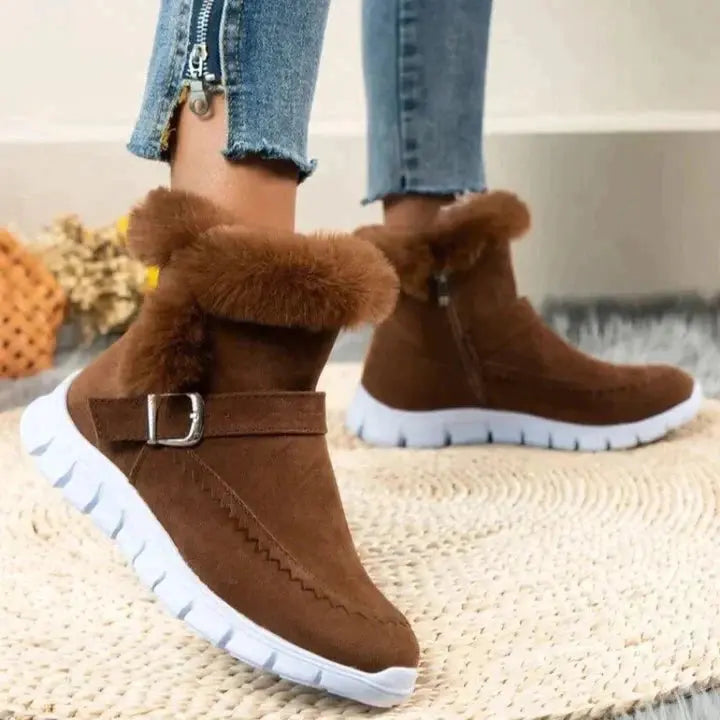 Women's thick mid-tube velvet boots, cozy plush interior, casual winter style in rich warm tones