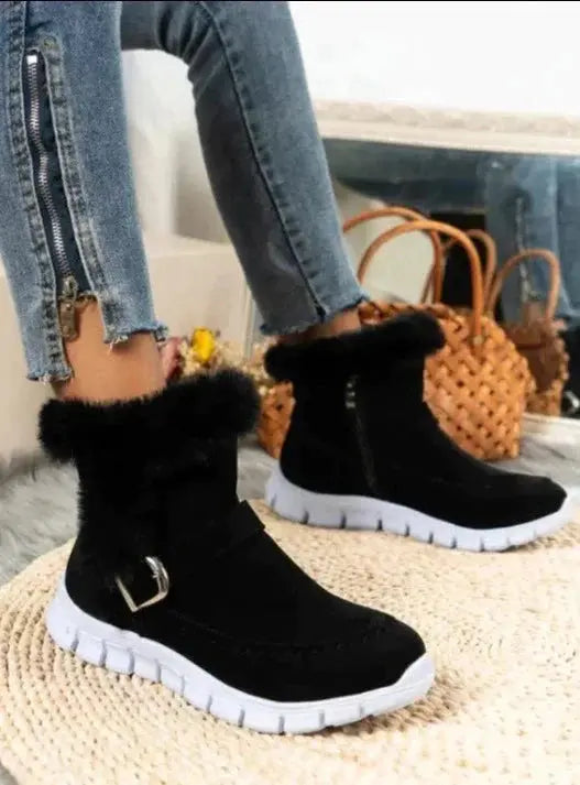 Women's thick mid-tube velvet boots, cozy plush interior, casual winter style in rich warm tones