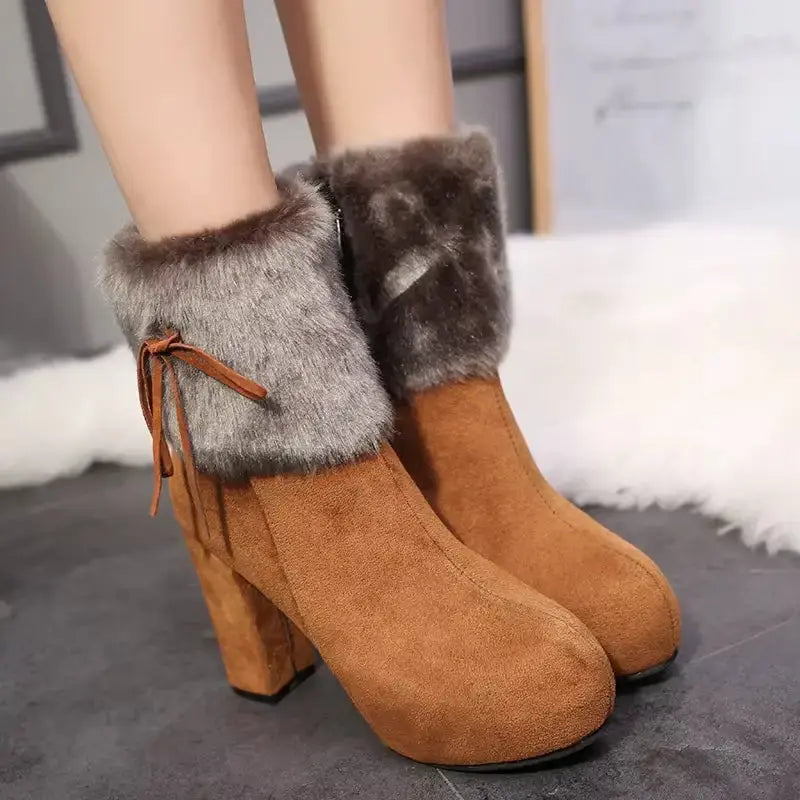 Women's black suede fur-lined high-heel platform boots with plush cashmere lining for winter