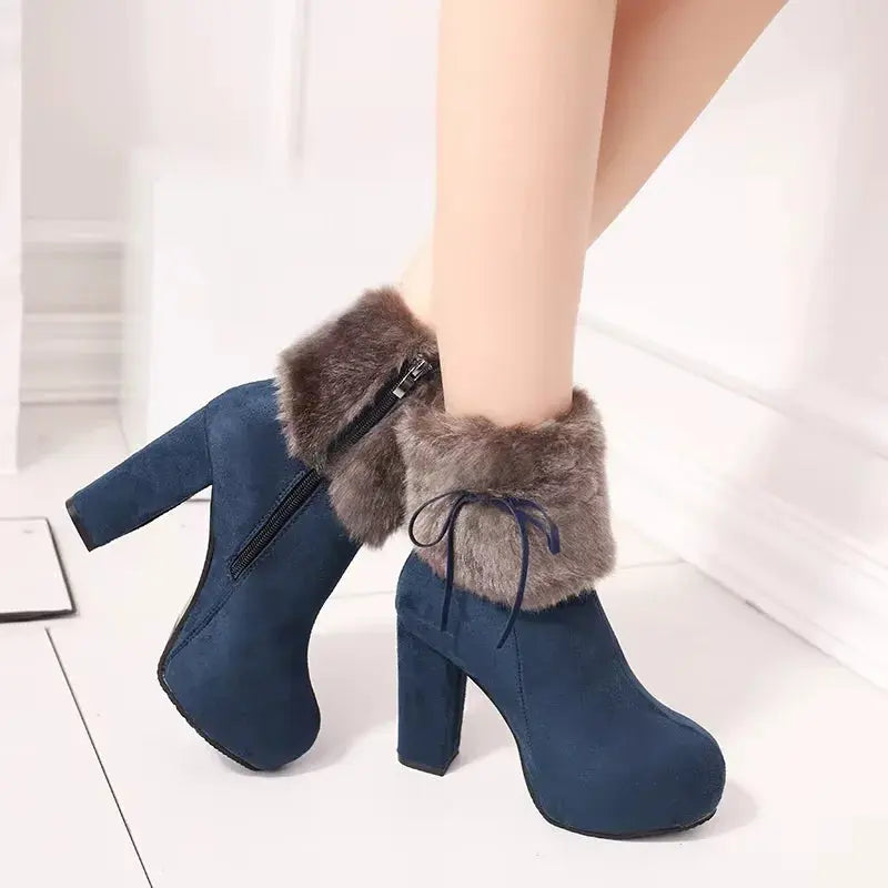 Women's black suede fur-lined high-heel platform boots with plush cashmere interior lining