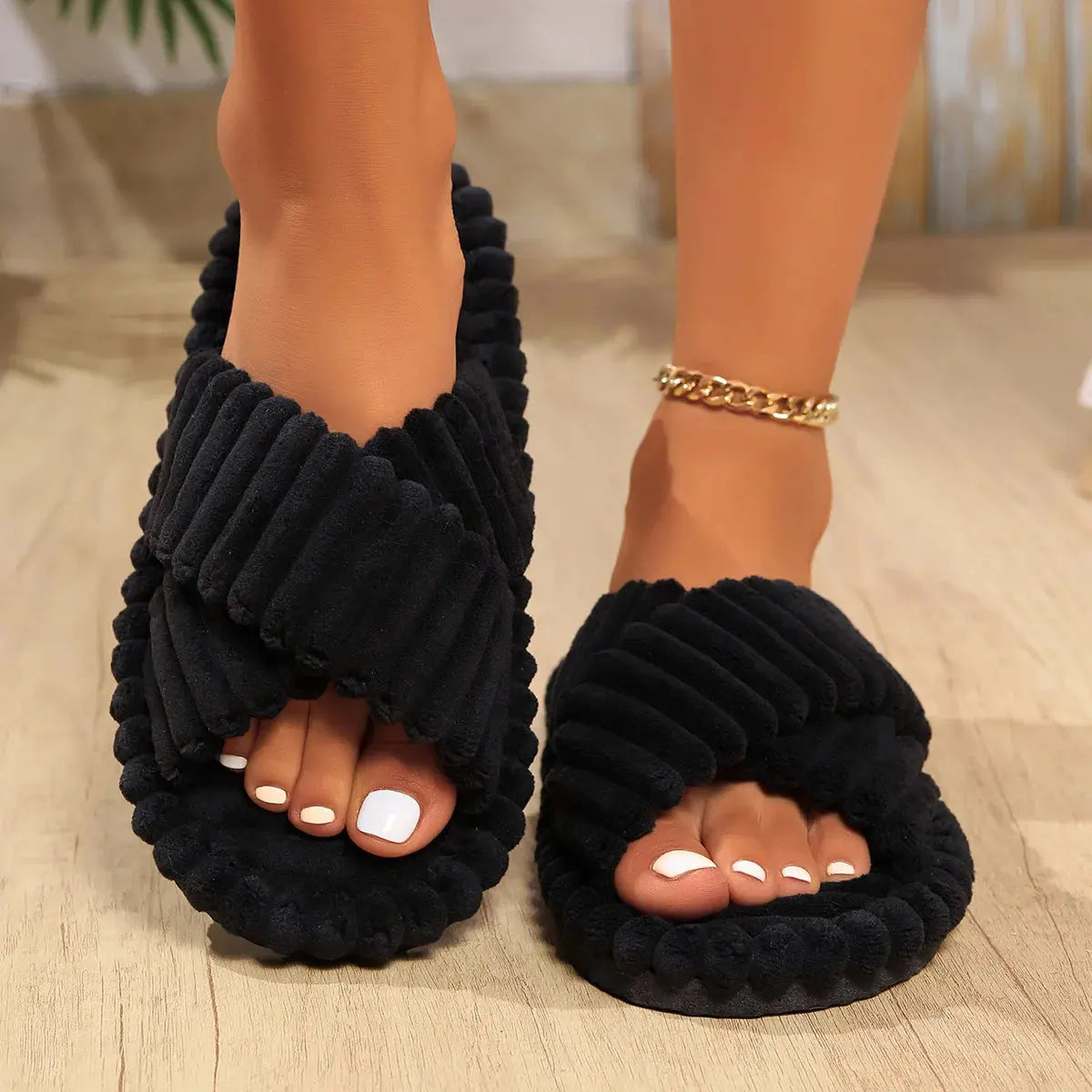 Women's beige plush slippers thick cushioned sole cozy indoor outdoor slip-on footwear