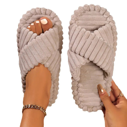 Women's cozy plush slippers thick cushioned sole soft foam cotton lining indoor outdoor comfort