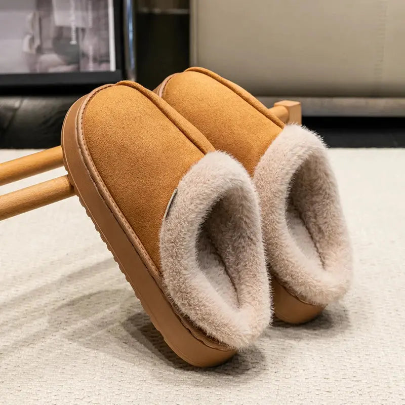 Men's thick sole indoor slippers with plush fur lining, non-slip base, warm cozy comfort footwear