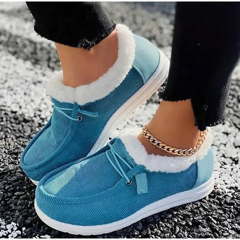 Women's thick velvet slip-on winter shoes in cozy plush lining for stylish cold-weather comfort