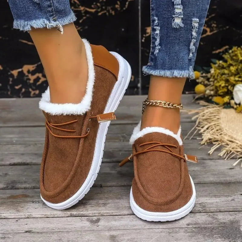 Women's thick velvet slip-on winter shoes in cozy plush lining, stylish casual comfort