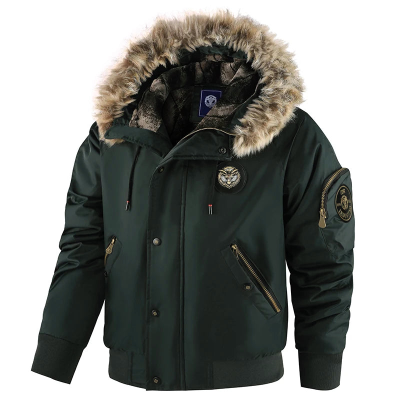 Men's thick padded winter jacket in navy windproof design with fur trim hood and zipper cuffs
