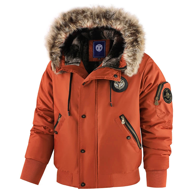 Men's thick padded winter jacket in dark tone with fur trim hood, windproof zipper cuffs, elastic waist