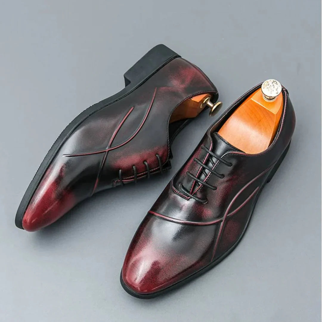 Men's two-tone leather Oxford dress shoes with pointed toe, sleek silhouette, and durable rubber sole