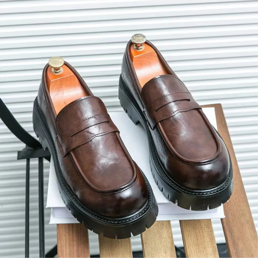 Men's cognac brown prestige leather loafers slip-on style with rugged rubber sole