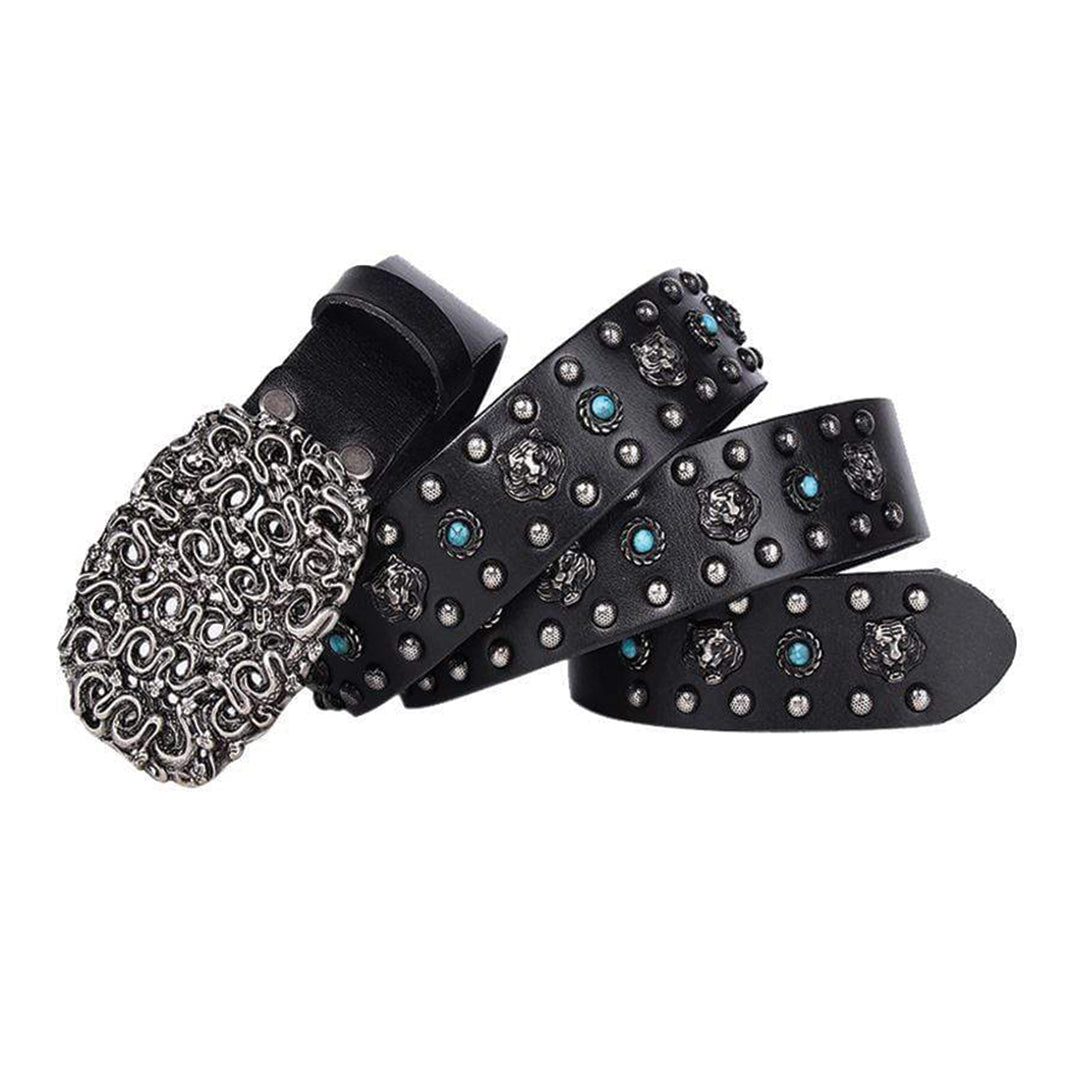 vegan leather belt with hand-carved tiger studs, turquoise rivets, and retro heavy metal buckle