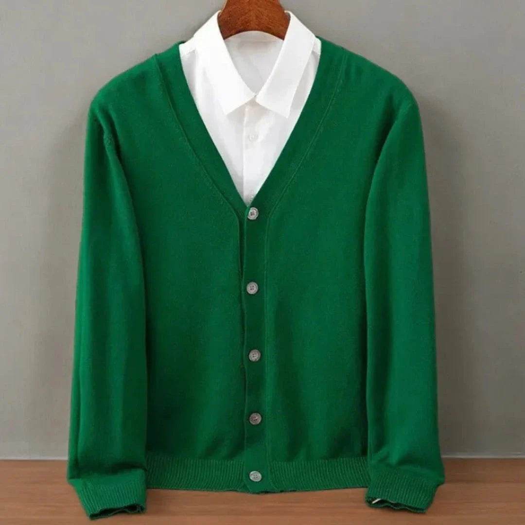Men's classic cashmere cardigan in neutral tones, V-neck button-up style with ribbed cuffs