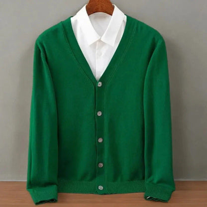 Men's classic cashmere cardigan in neutral tones, V-neck button-up style with ribbed cuffs