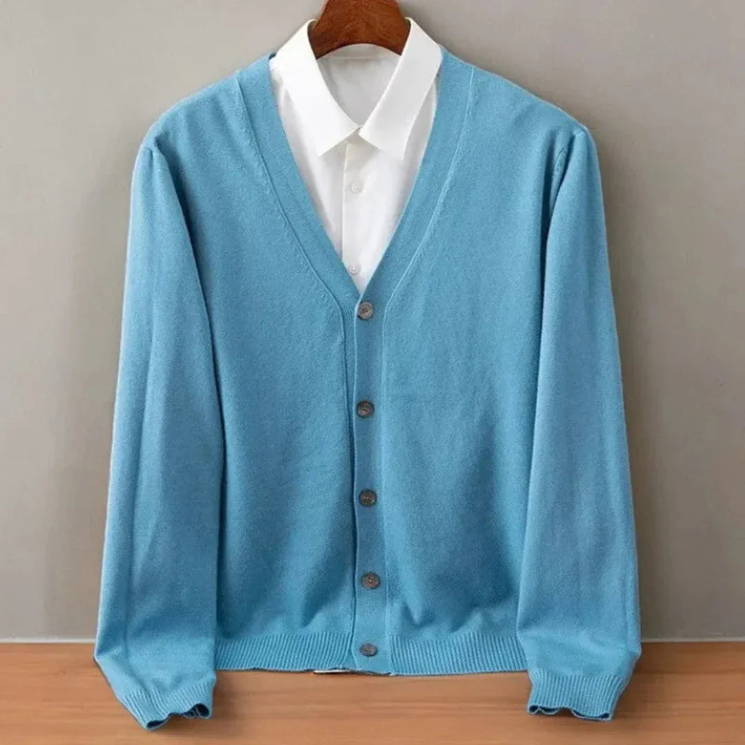 Tim Classic Cashmere Cardigan neutral V-neck button-up with ribbed cuffs, premium soft-touch fabric