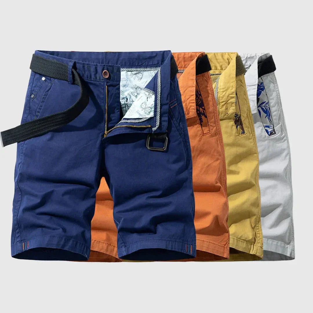 Men's navy cotton stretch shorts zipper fly belted waistband floral pocket lining casual summer style