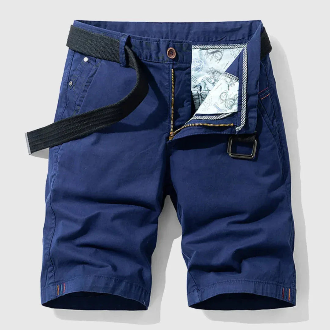 Men's navy blue cotton stretch shorts zipper fly belted waistband floral pocket lining casual summer
