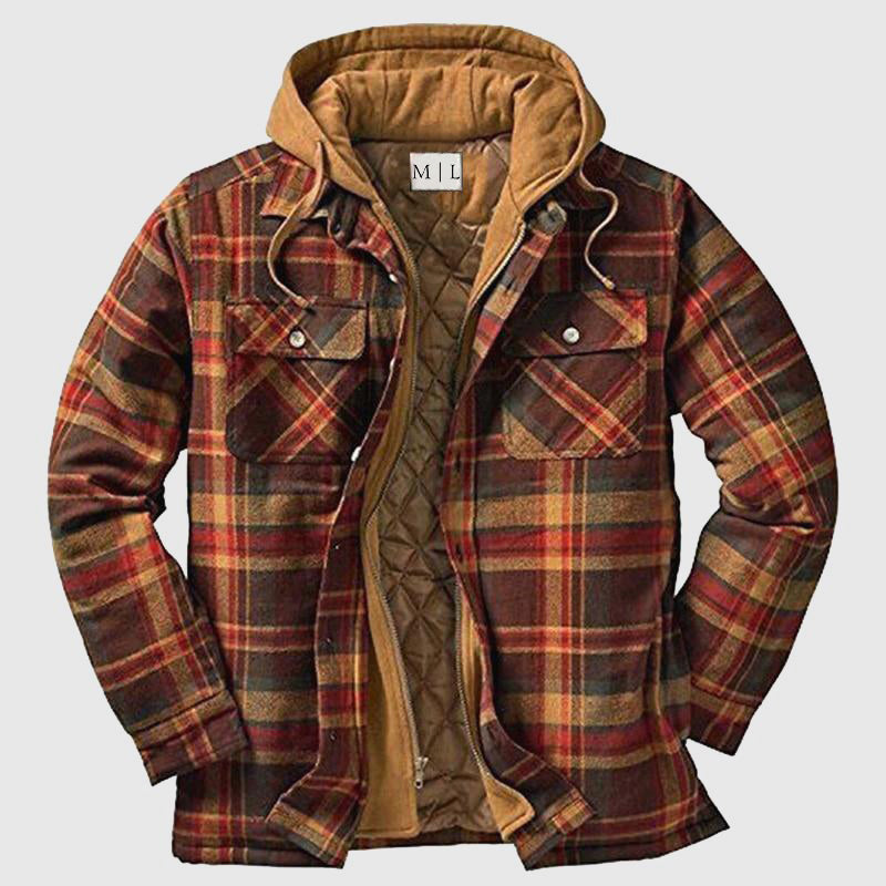 Red and black plaid lumberjack jacket with detachable hood and zipper closure