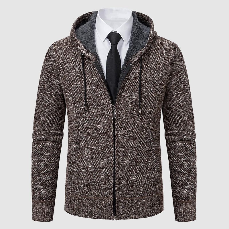 Muted tone knit cardigan by Roberto Russo with fleece lining, relaxed fit for autumn layering