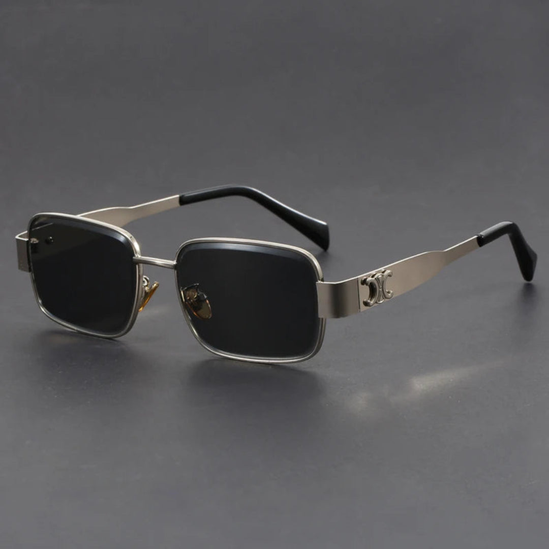 Titan Edge rectangular metal alloy sunglasses with dark UV400-protected lenses, bold modern style