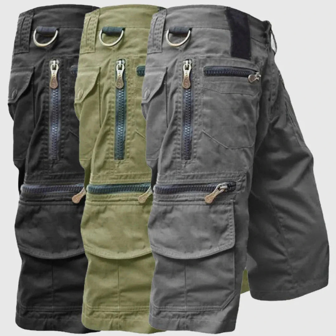 Men's khaki tactical cargo shorts with multi-zip secure pockets and breathable cotton for outdoor adventure