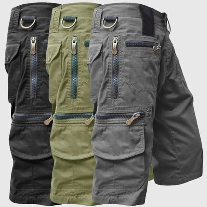 Men's khaki tactical cargo shorts with multi-zip secure pockets and breathable cotton for outdoor adventure