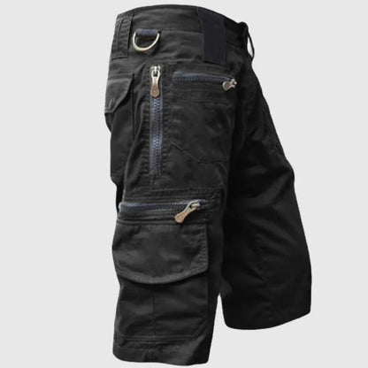 Men's khaki tactical cargo shorts with multi-zip secure pockets and breathable 100% cotton for outdoor adventure