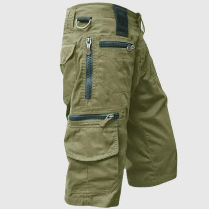 Men's khaki tactical cargo shorts with multi-zip secure pockets and breathable 100% cotton fabric