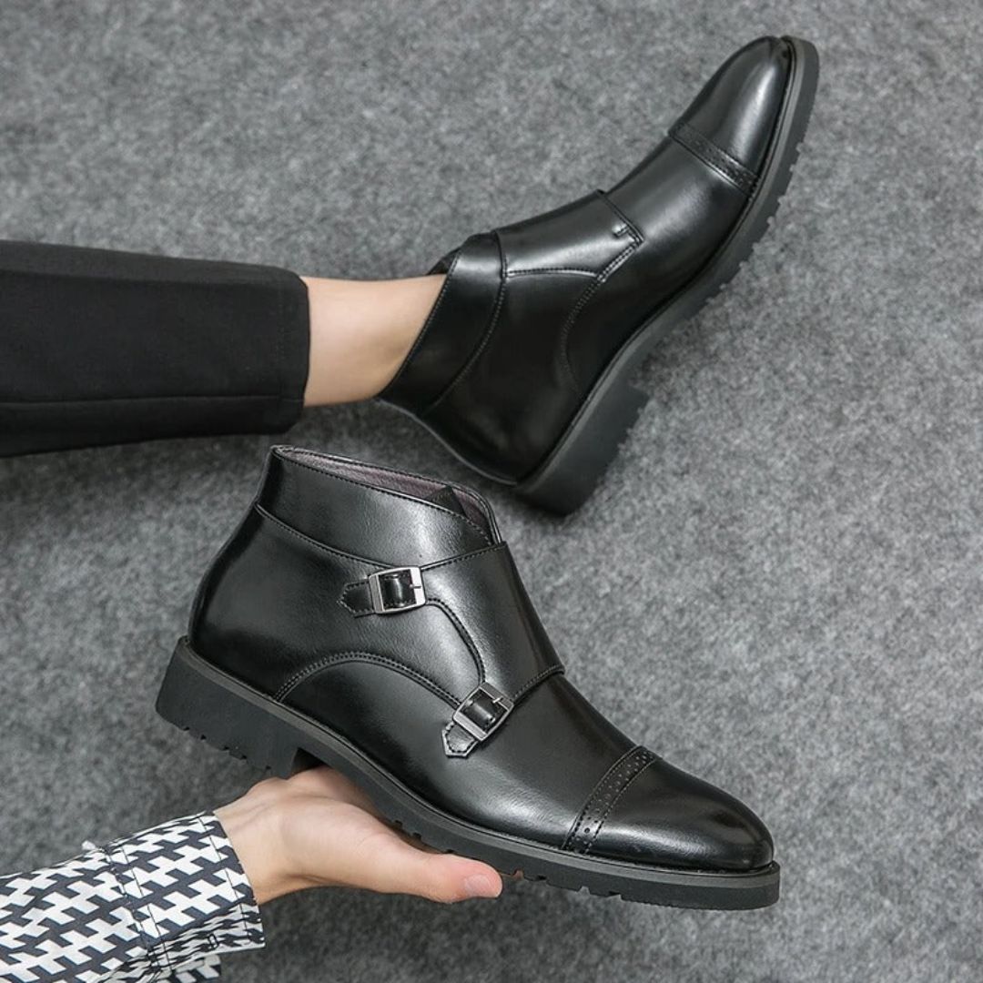 Brown leather double monk strap brogue boots with soft interior lining for formal occasions
