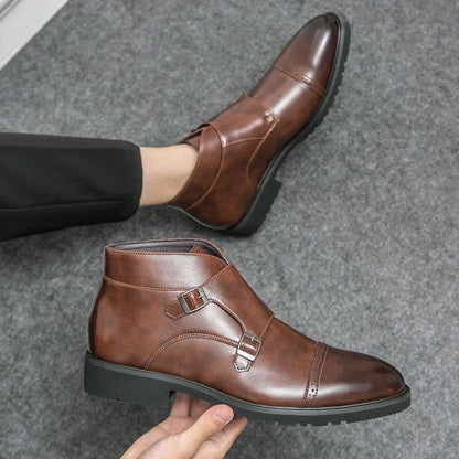 Brown leather double monk strap dress boots with brogue detailing for men