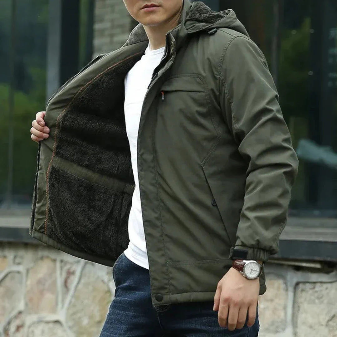 Men's waterproof fleece-lined padded jacket with adjustable hood, navy blue winter style