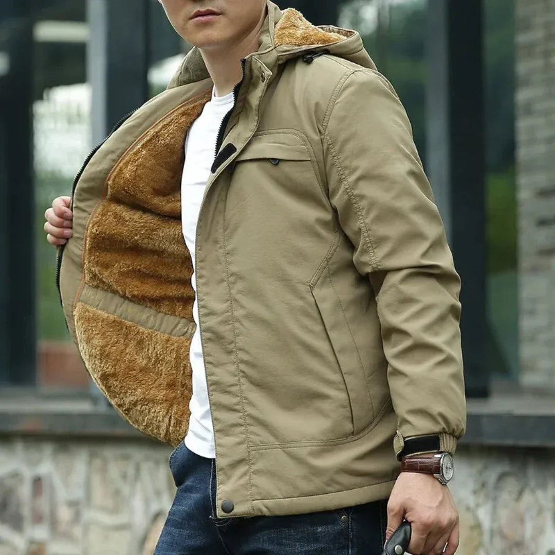 Men's waterproof fleece-lined puffer jacket with adjustable hood, thermal insulation, multi-pocket design