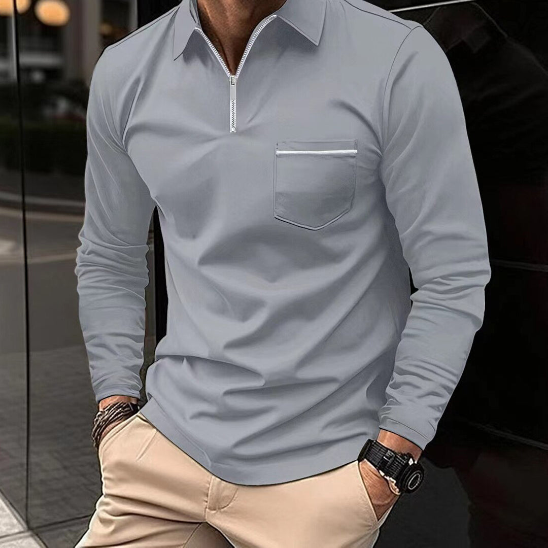 Men's slim fit long sleeve polo half zip chest pocket Nordic-inspired casual shirt versatile style