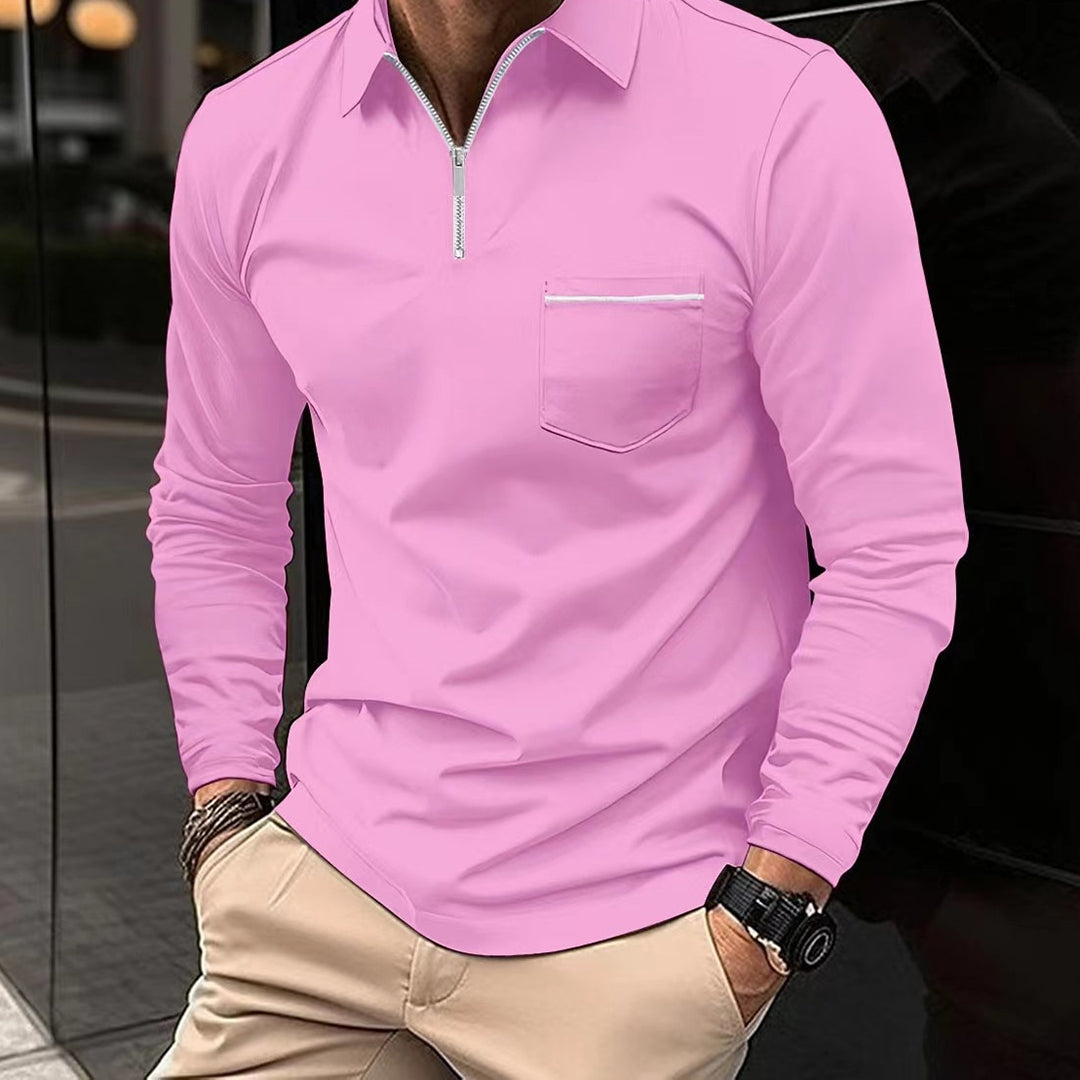 Men's slim fit long sleeve polo half zip chest pocket Nordic-inspired casual shirt versatile style