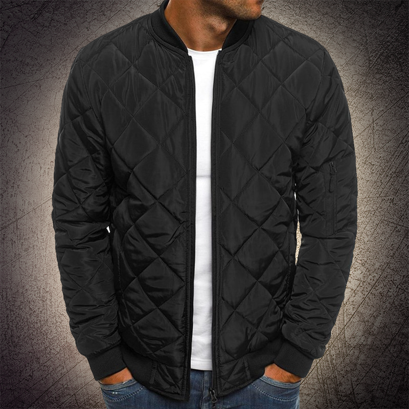 Men's quilted lightweight bomber jacket in neutral tone with geometric quilt pattern by Wavlynn