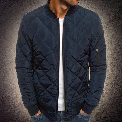 Men's quilted lightweight bomber jacket in neutral tone with geometric quilt pattern for everyday warmth