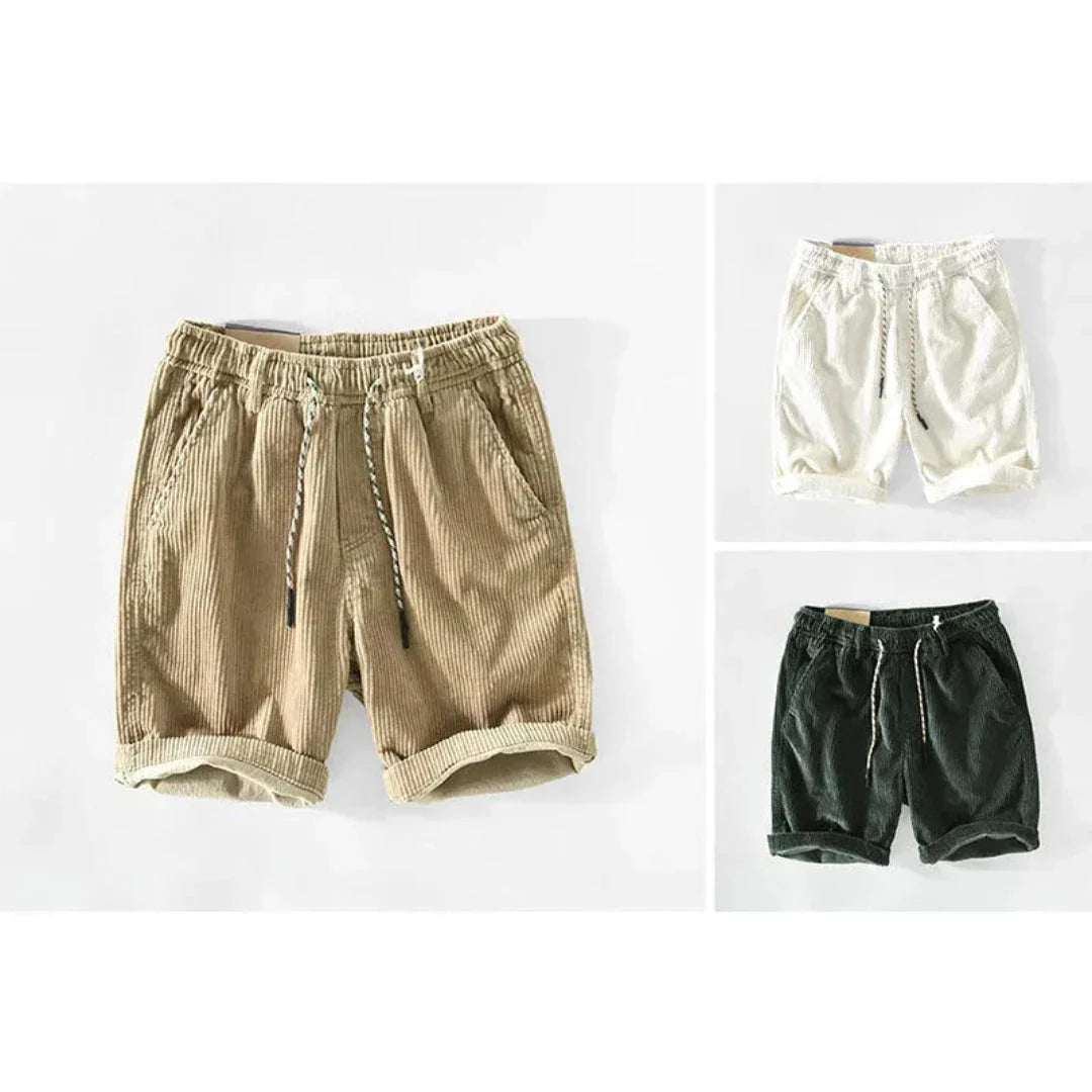 Men's beige cotton corduroy shorts elastic waist drawstring relaxed casual lounge fit lightweight