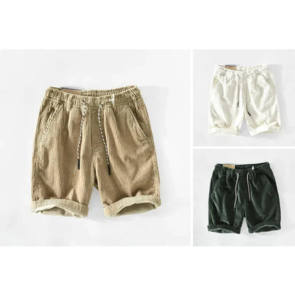 Men's beige cotton corduroy shorts elastic waist drawstring relaxed casual lounge fit lightweight