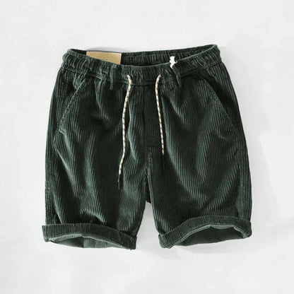 Men's beige cotton corduroy lounge shorts elastic waist drawstring relaxed casual fit lightweight