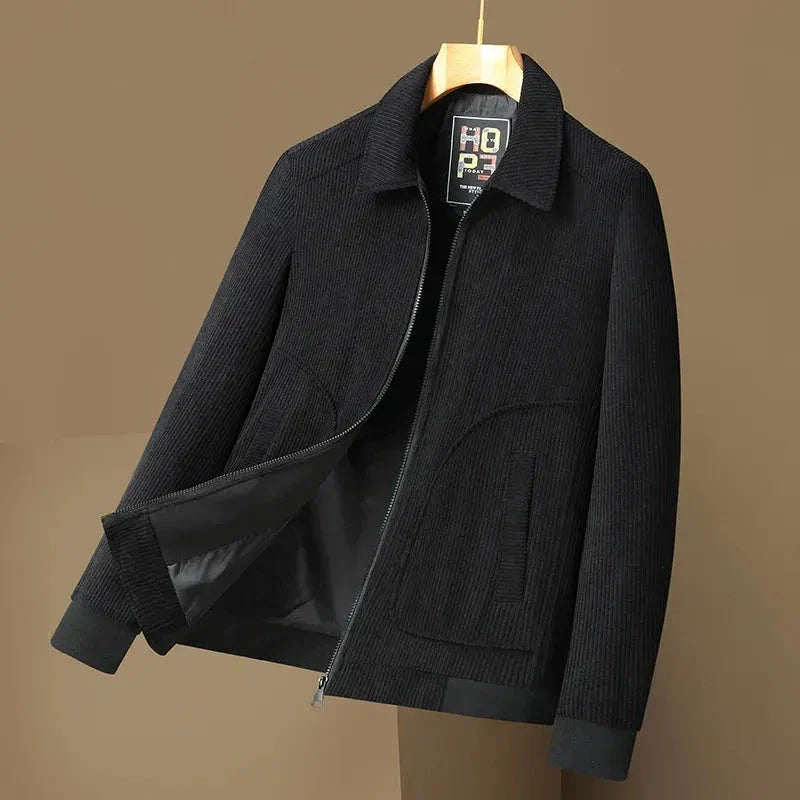 Men's tan corduroy tailored jacket with turn-down collar, slim fit, autumn layering essential