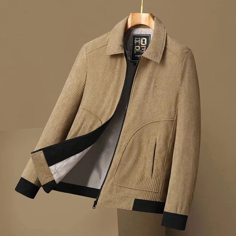 Men's brown corduroy jacket tailored fit turn-down collar autumn layering essential