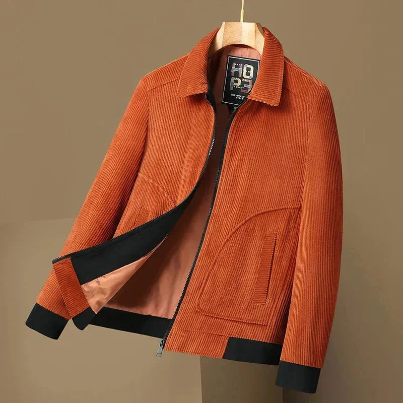 Men's brown corduroy tailored jacket with turn-down collar, slim fit, autumn layering essential