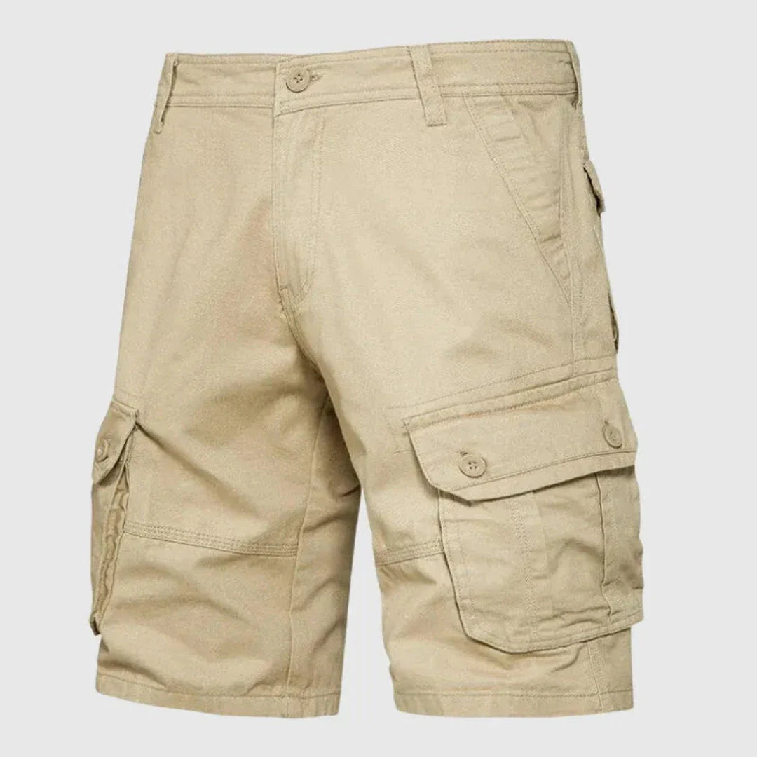 Men's cotton twill cargo shorts with multiple pockets, breathable outdoor adventure wear in five colors