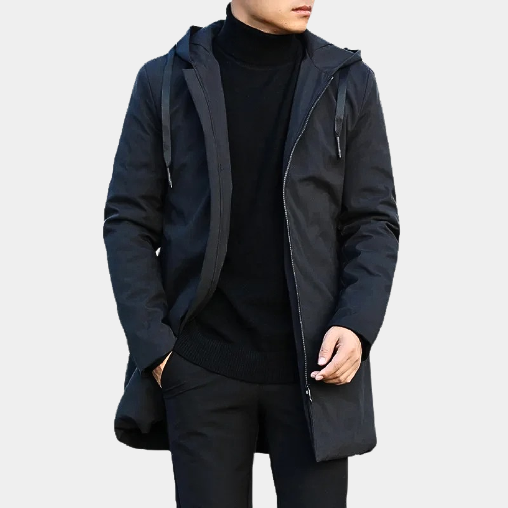 Men's charcoal hooded full-length wind-resistant long coat with relaxed urban fit