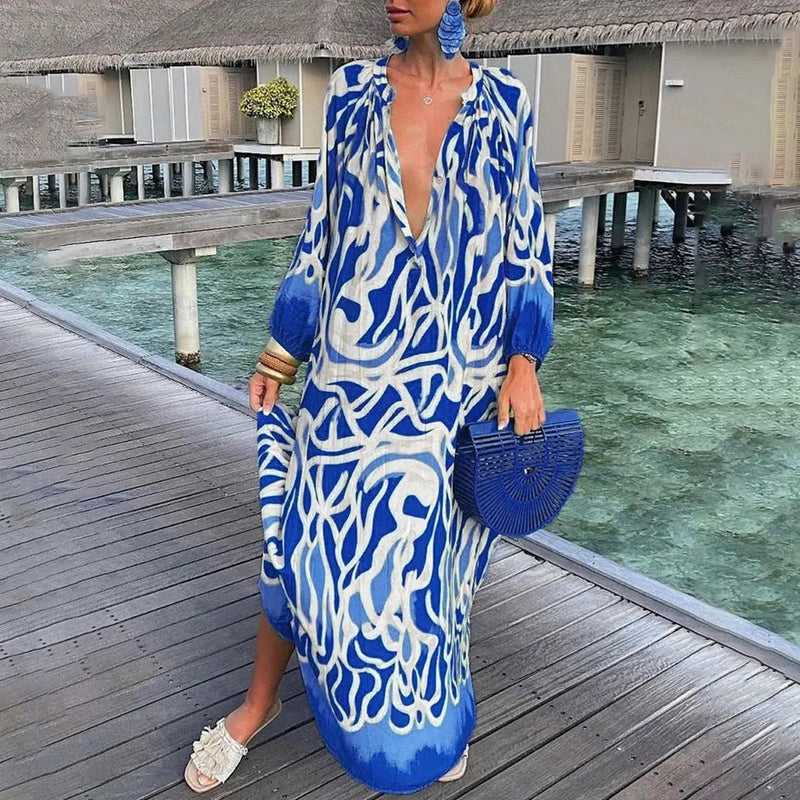 Women's maxi kaftan abstract print beach cover up flowy loose fit draped colorful boho style