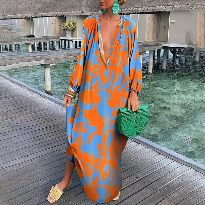 Women's maxi kaftan abstract print beach cover up, flowy loose fit with draped silhouette