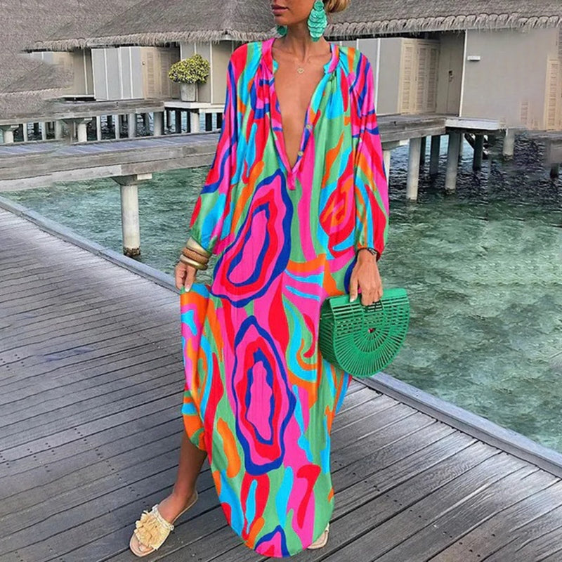 Women's maxi kaftan abstract print beach cover up flowy loose fit draped colorful bold design