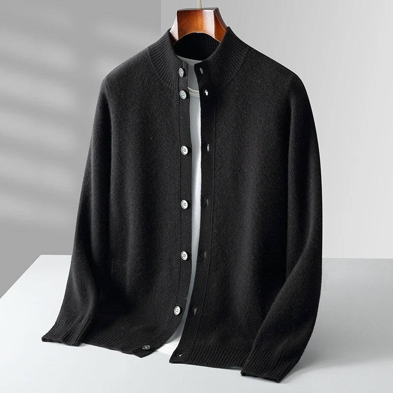Ivory cashmere cardigan with structured stand collar and tonal buttons, minimalist refined style