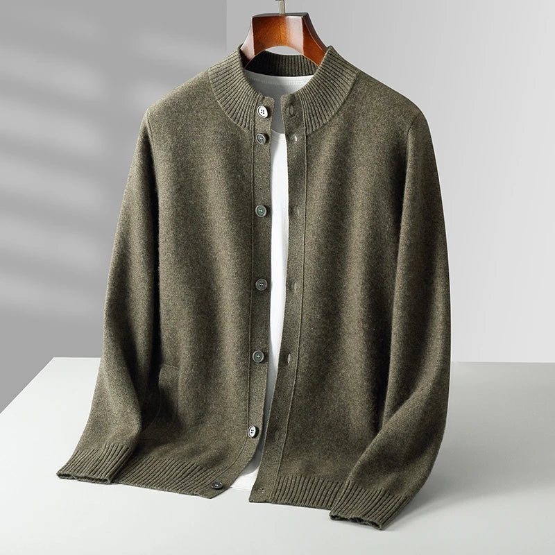 Ivory cashmere cardigan minimalist cut structured stand collar tonal buttons refined knitwear